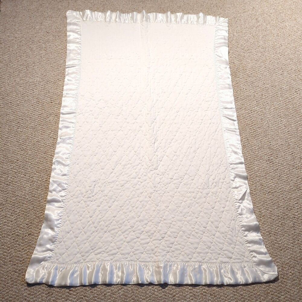 Vintage Kozee Komfort Quilted Baby Blanket White Satin Trim Crib Bedding
